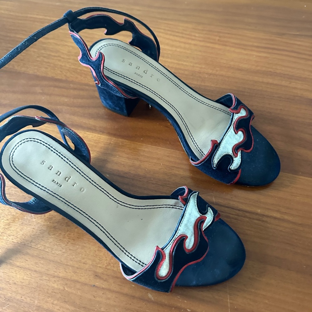 Sandro Blue Suede Sandals with Red and Cream Flame Trim